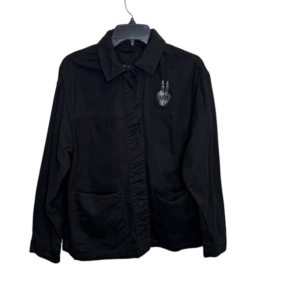 Asos Design Black Jacket With Skeleton Hand Embroidery Womens Sz 4 Snap Closure - Picture 1 of 9